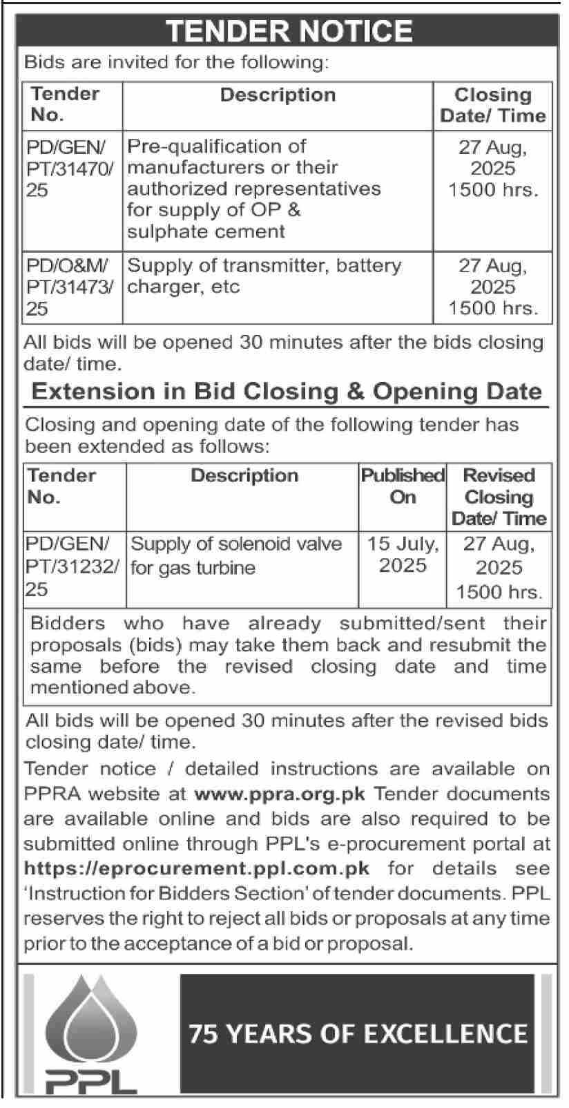 PPL Tender Notice